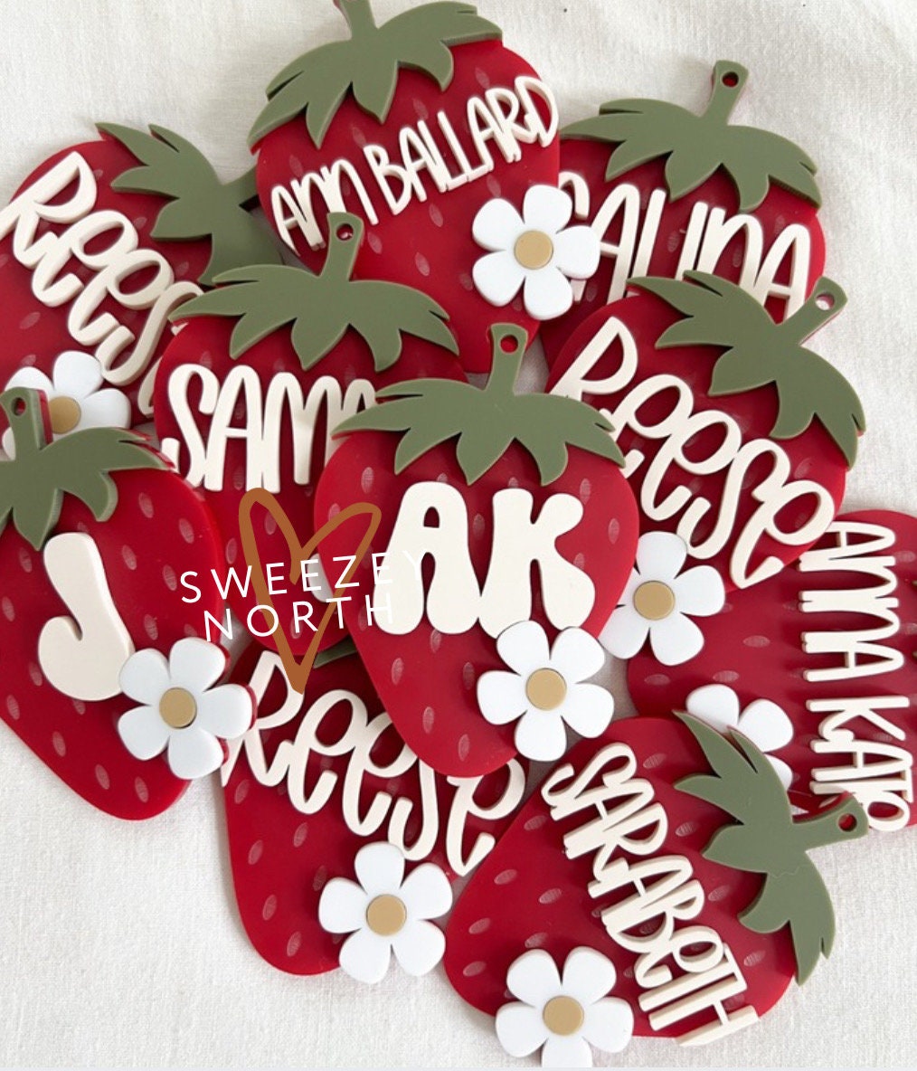 Strawberry backpack tags | bookbag tag | kids bag tag | diaper bag tags | acrylic keychain | kids luggage tag | boho Daisy | backpack tag