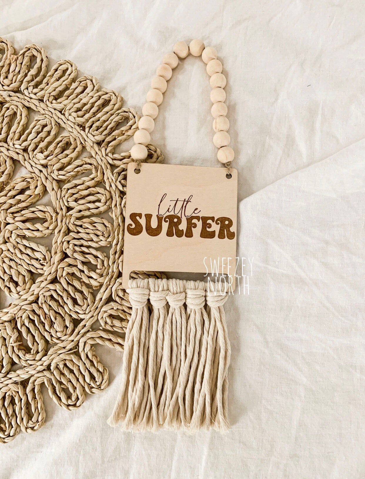 Little surfer nursery sign | boys room decor | boys nursery | wooden hanging sign | macrame wood sign | boho room decor