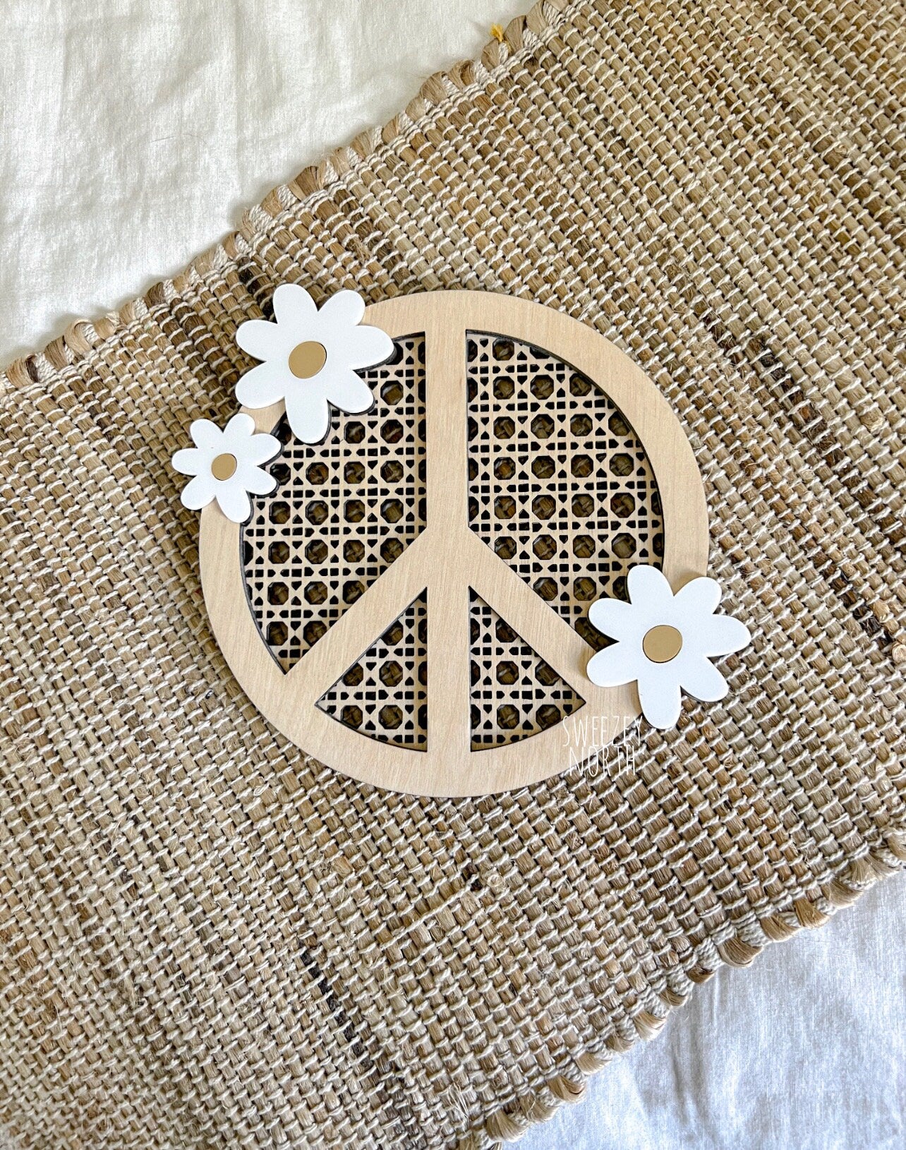 Peace sign | cane peace sign decor | boho girls decor | beach decor | mermaid decor | groovy decor | girls room decor | faux rattan | daisy