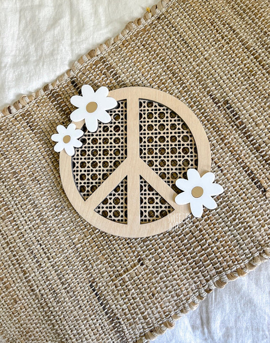 Peace sign | cane peace sign decor | boho girls decor | beach decor | mermaid decor | groovy decor | girls room decor | faux rattan | daisy